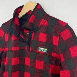 LL BEAN Sweater Fleece Womens M Buffalo Check 1/4 Snap Pullover Kangaroo Pockets